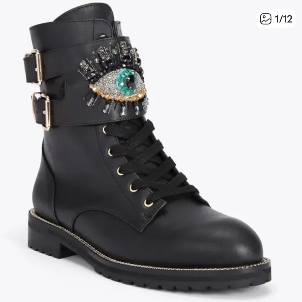 Kurt Geiger Black Leather Sutton Rhinestone Embellished Eye Combat
Boot Size 9